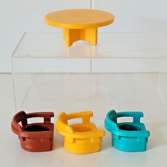 Vintage Fisher Price Little People Yellow Round Table With 3 Chairs Mixed Lot - Picture 9 of 9